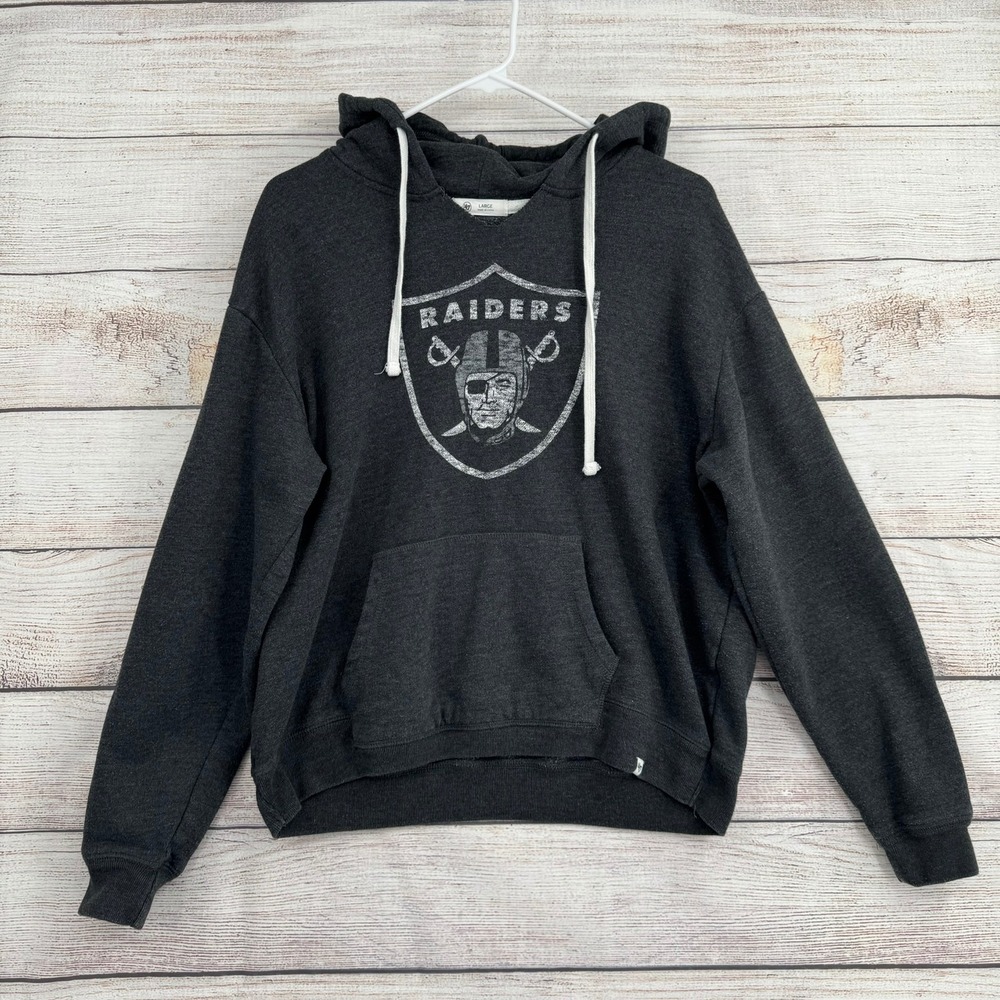 '47 Brand Hoodie Women Large Charcoal Gray Raiders Graphic Distressed Fleece
